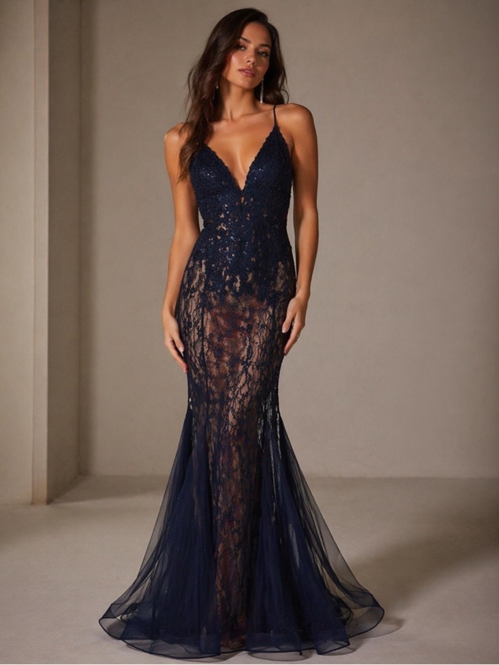 NWT Xscape Dark Navy Lace Corset Top Mermaid Bottom Prom Dress Evening Gown